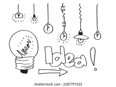 Iconos de bombillas dibujadas a mano con el concepto de idea. Estilo Doodle. Ilustración vectorial.