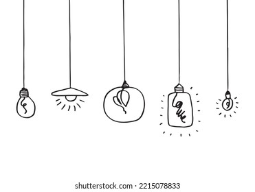 Iconos de bombillas dibujadas a mano con el concepto de idea. Estilo Doodle. Ilustración vectorial.