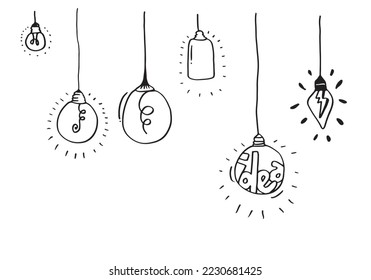 Hand drawn light bulb icons with concept of idea. Doodle style. Vector illustration.