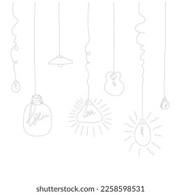 Hand drawn light bulb icons with concept of idea. Doodle style. Vector illustration.