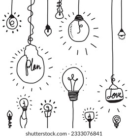 Handgezeichnete Glühbirnen-Symbole mit Konzept der Idee. Doodle-Stil. Vektorgrafik.