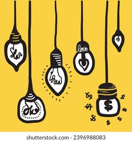 Iconos de bombillas dibujadas a mano con el concepto de idea. Estilo Doodle. Ilustración vectorial.