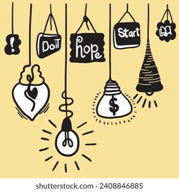 Hand drawn light bulb icons with concept of idea. Doodle style. Vector illustration.