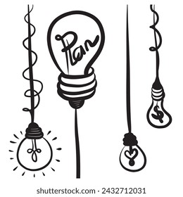 Hand drawn light bulb icons with concept of idea. Doodle style. Vector illustration.