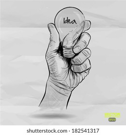 Hand drawn light bulb with IDEA word on crumpled paper as concept 
