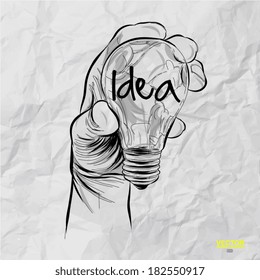 Hand drawn light bulb with IDEA word on crumpled paper as concept