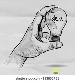 Hand drawn light bulb with IDEA word on crumpled paper as concept 