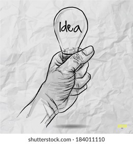 Hand drawn light bulb with IDEA word on crumpled paper as concept 
