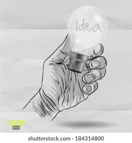 Hand drawn light bulb with IDEA word on crumpled paper as concept