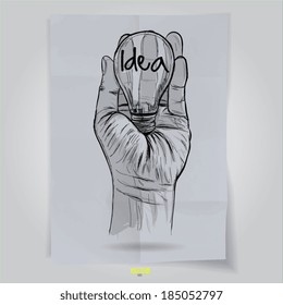 Hand drawn light bulb with IDEA word on crumpled paper as concept 