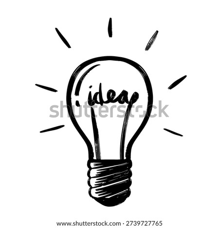 Hand drawn light bulb illustration with idea text inside, creative sketch style on white background.