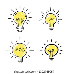 Hand drawn light bulb illustrations, concept of idea and creation doodles