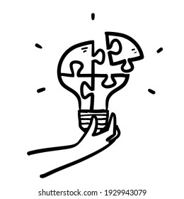 hand drawn light bulb with jigsaw puzzle concept illustration vector isolated in doodle style