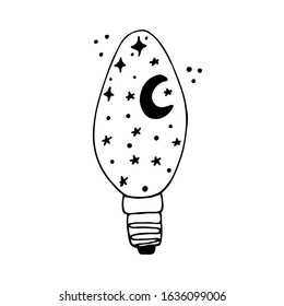 Hand drawn light bulb with moon and stars in black lines vector illustration.
