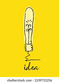 Hand drawn light bulb vector illustration and idea text, cartoon idea icon