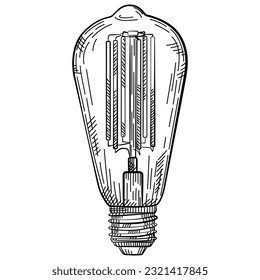 Hand drawn light bulb in vintage engraved style. Electric lamp sketch. Isolated on white background. Vector illustration