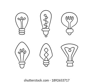 Hand drawn Light Bulbs. Collection of loft lamps in doodle style. Isolated objects on white background