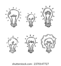 Hand drawn light bulbs. Doodle light bulb. Idea concept. Sketch, minimalistic design. Vector illustration