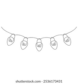 Hand drawn light bulbs garland vector illustration. One line continuous drawing. Christmas tree ornament. Linear icon, festive print, poster, postcard, greeting card, cartoon, doodle, celebration.