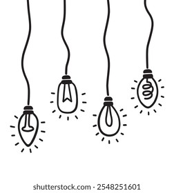 Hand drawn light bulbs hanging from the ceiling.
Black and white vector illustration.