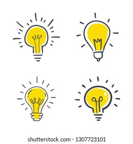 Hand drawn light bulbs, idea concept doodle illustration set