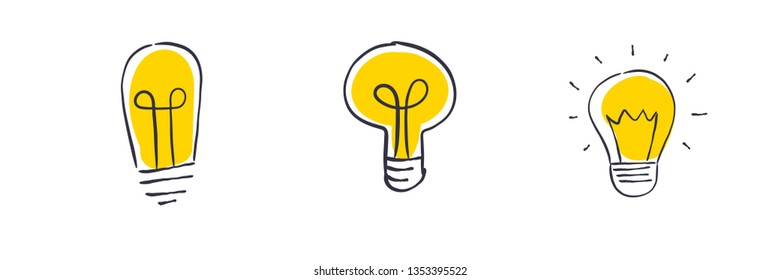Hand drawn light bulbs. Idea symbol doodle set.