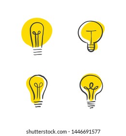 Hand drawn light bulbs, idea icons doodle collection