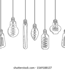 Hand drawn light bulbs seamless pattern (idea symbol) in black and white. Doodle border. Stock vector illustration.