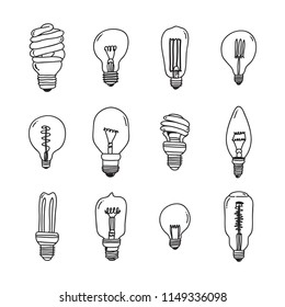 Hand drawn light bulbs set, Flat style vector illustration. 