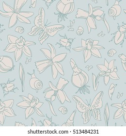 Hand drawn light flowers seamless pattern for for registration of invitations and gifts with isolated icon set vector illustration