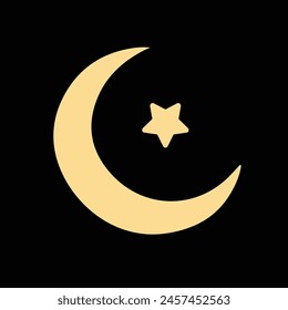 Hand Drawn  light golden crescent moon and star with black background 