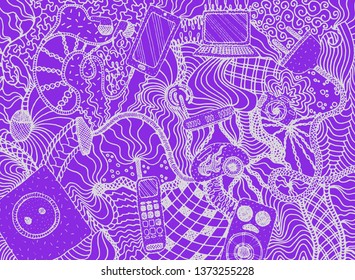 Hand drawn light gray colored electrical devices and gadgets with pattern in doodle style on purple background. Backdrop vector illustration