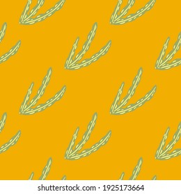 Hand drawn light green seaweed branches seamless pattern. Doodle print. Bright orange background. Perfect for fabric design, textile print, wrapping, cover. Vector illustration.