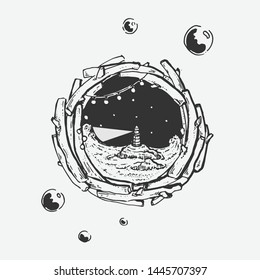 Hand drawn light house in circle window. Retro style, Vintage style. Doodle line graphic design. Black and white drawings, Vector sketch. - Vector