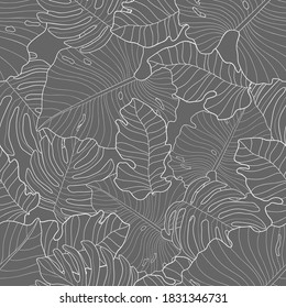 Hand drawn light leaves of monstera and other plants on gray background. Seamless tropical floral pattern. Suitable for wallpaper, textile, packaging.