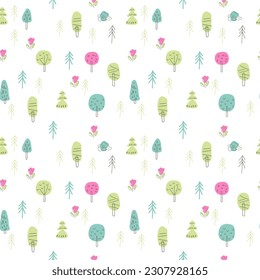 Hand drawn  light pattern with trees. Seamless texturewith spring and summer trees, path. White background with a delicate ornament is suitable for fabric, children's clothing, wallpaper, paper. 