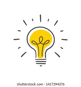 Hand drawn lightbulb, doodle lamp illustration. Concept of idea, linear sketched vector.