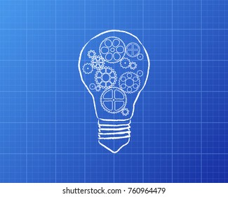 Hand drawn lightbulb with gears in it on blueprint background
