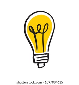 Hand drawn lightbulb. Idea and solution icon doodle. Handmade illustration of electric lamp.