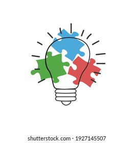 Hand drawn lightbulb with three puzzle pieces. New idea concept. Stock Vector illustration isolated