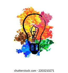 Hand Drawn Lightbulb With Watercolor Colorfullsplash Background. Design Concept Lightbulb Theme For Design Inspiration Vector Illustration Art.