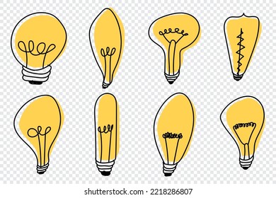 Hand drawn lightbulbs. Light bulb doodle. Hand drawn idea icon. Creativity and innovation concept. Set of hand drawn light bulbs. Vector illustration