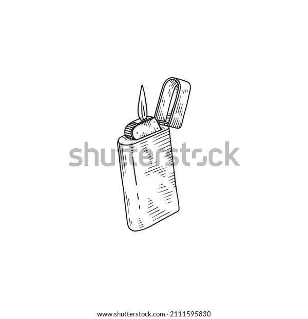 Hand drawn lighter in sketch style,\
vector illustration isolated on white background. Retro cigarettes\
lighter men accessories, monochrome\
outline.