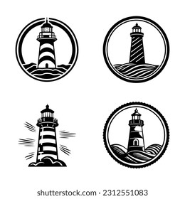 Hand drawn lighthouse logo set design illustration, symbolizing strength, navigation, and a guiding light