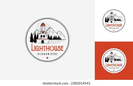 Hand drawn Lighthouse with mountain and fir tree vintage badge logo design