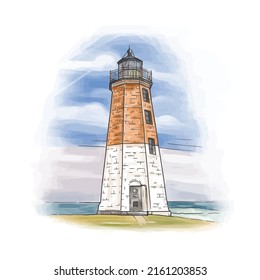 Hand drawn lighthouse on the beach vector illustration