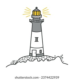 Hand drawn lighthouse with sea waves. Vector illustration isolated on white background. Detailed drawing in line art graphic style. Tattoo sketch, textile print, brochure, card design