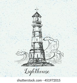 Hand drawn lighthouse with sea waves. Vector illustration isolated on vintage background. Detailed drawing in line art graphic style. Tattoo sketch, textile print, brochure, card design.