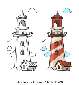 Hand drawn lighthouse vector. Marine coloring page with colorful sample illustration