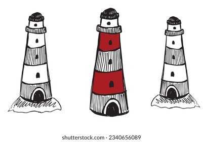 Hand drawn lighthouse vintage illustration. Ink sketch of traditional lighthouse, port radar. Postcard designe on white background